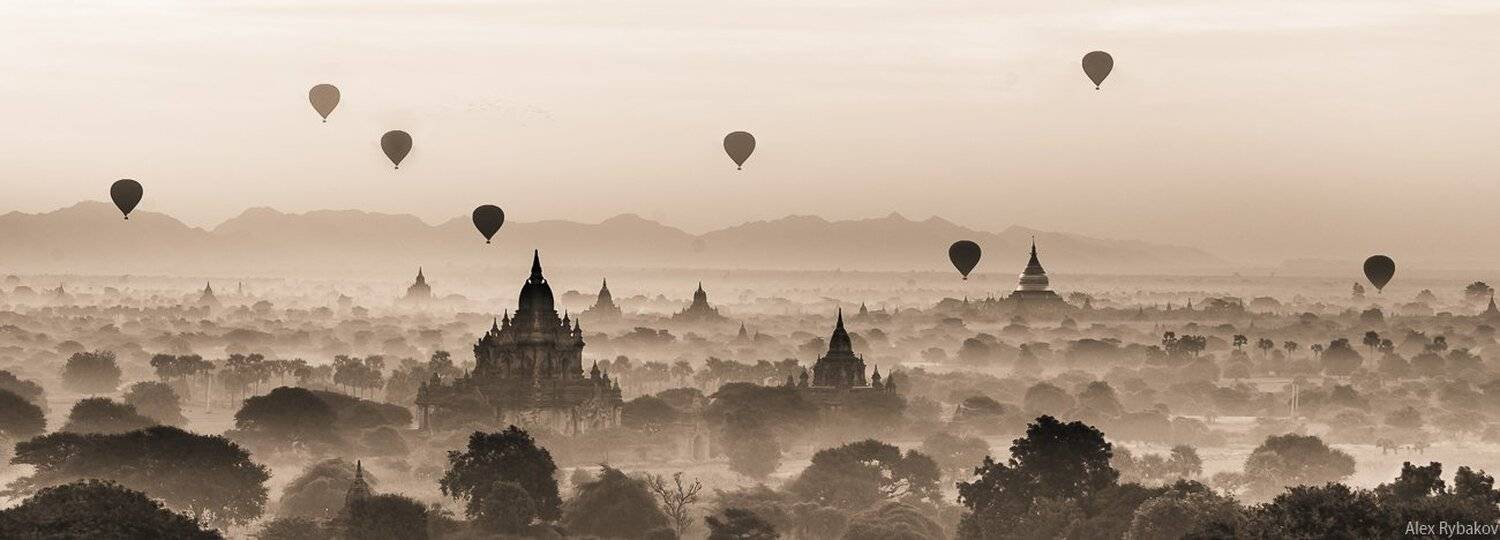 Баган, Воздушные шары, Мьянма, Путешествие, Рассвет, Туман, Храм, Александр Рыбаков