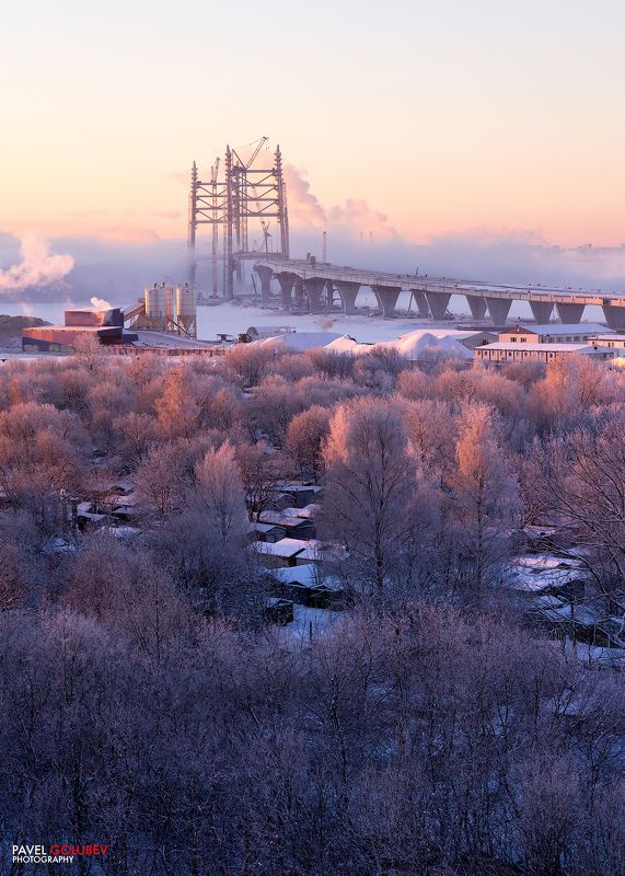 Россия, город, СПб, Питер, Петербург, ЗСД, Западный Скоростной Диаметр, зима, иней, деревья, лед, восход, утро, снег Мост через реку фото превью