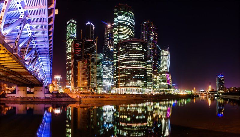 Весна, Город, Городской пейзаж, Москва, Москва-река, Москва-сити, Настроение, Небоскребы, Ночной пейзаж, Ночь, Огни, Панорама, Река Огни большого города фото превью
