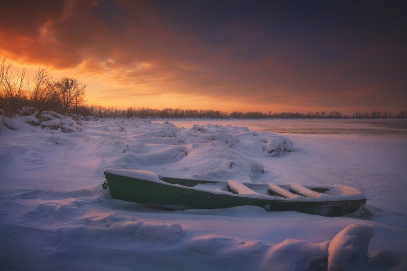 Закат, Зима, Лодка, Озеро, Снег, Шатура * * * фото превью