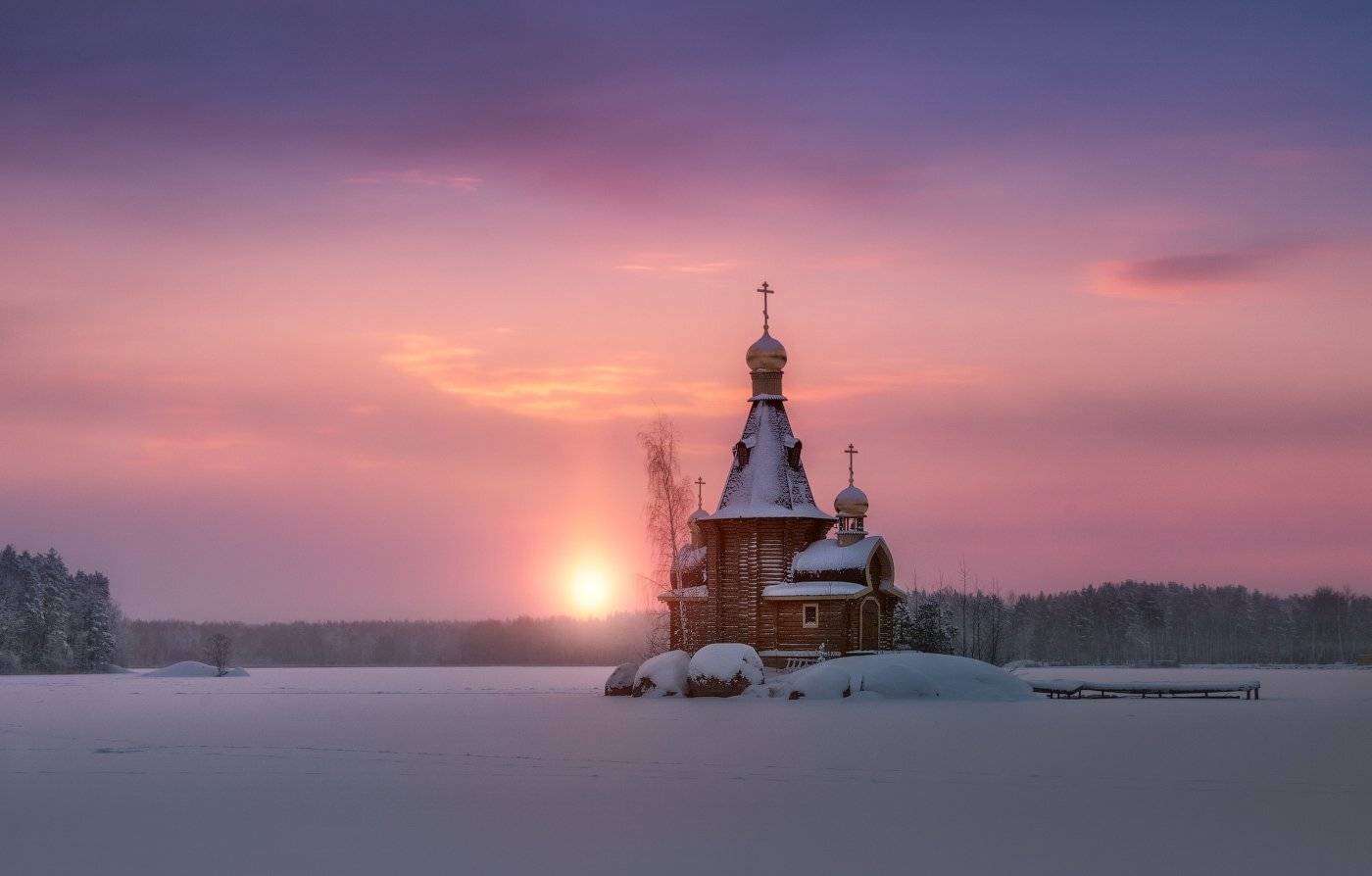 зима, церковь, рассвет, вуокса, россия, небо, снег, Cтанислав Малых