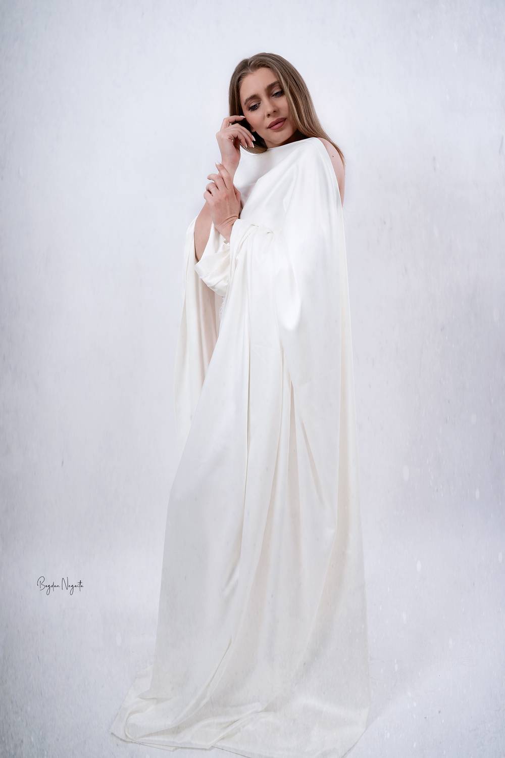 ethereal, fine art, white drapery, soft light, elegance, serenity, minimalism, feminine grace, dreamy, purity, portrait, conceptual photography, emotional depth, studio photography, timeless beauty, Bogdan Negoita