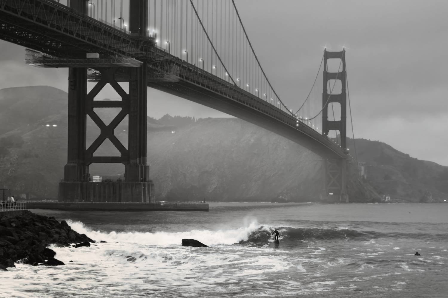 Bridge, Water, Cable-stayed bridge, Monochrome photography, Suspension bridge, Black, Bridge&ndash;tunnel, Sea, atmospheric phenomenon, List of nonbuilding structure types, Andrey Shpek