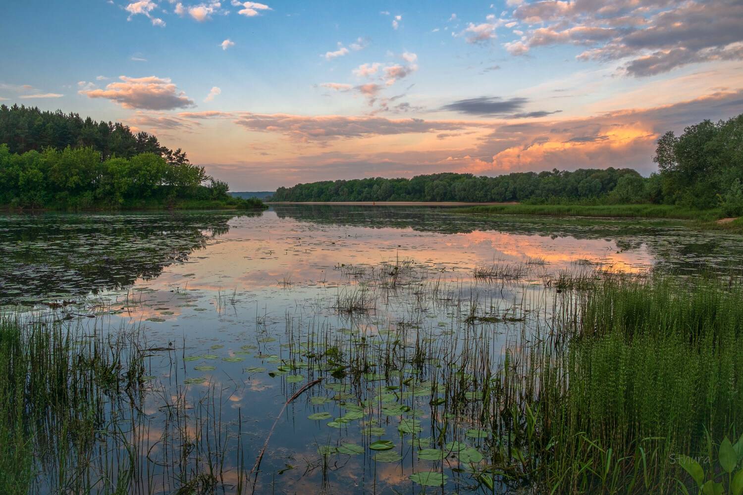 лето озеро река рассвет природа пейзаж, Александр Строков
