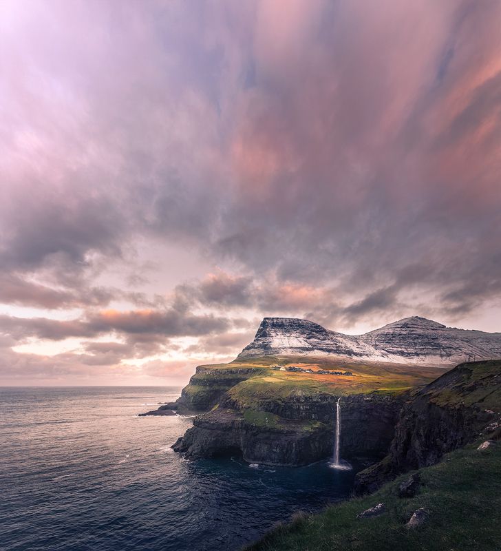 landscape, nature, scenery, sunrise, morning, sea, rocks, waterfall, longexposure, пейзаж, рассвет, faroe The sunrise greets / Восход солнца приветствует фото превью