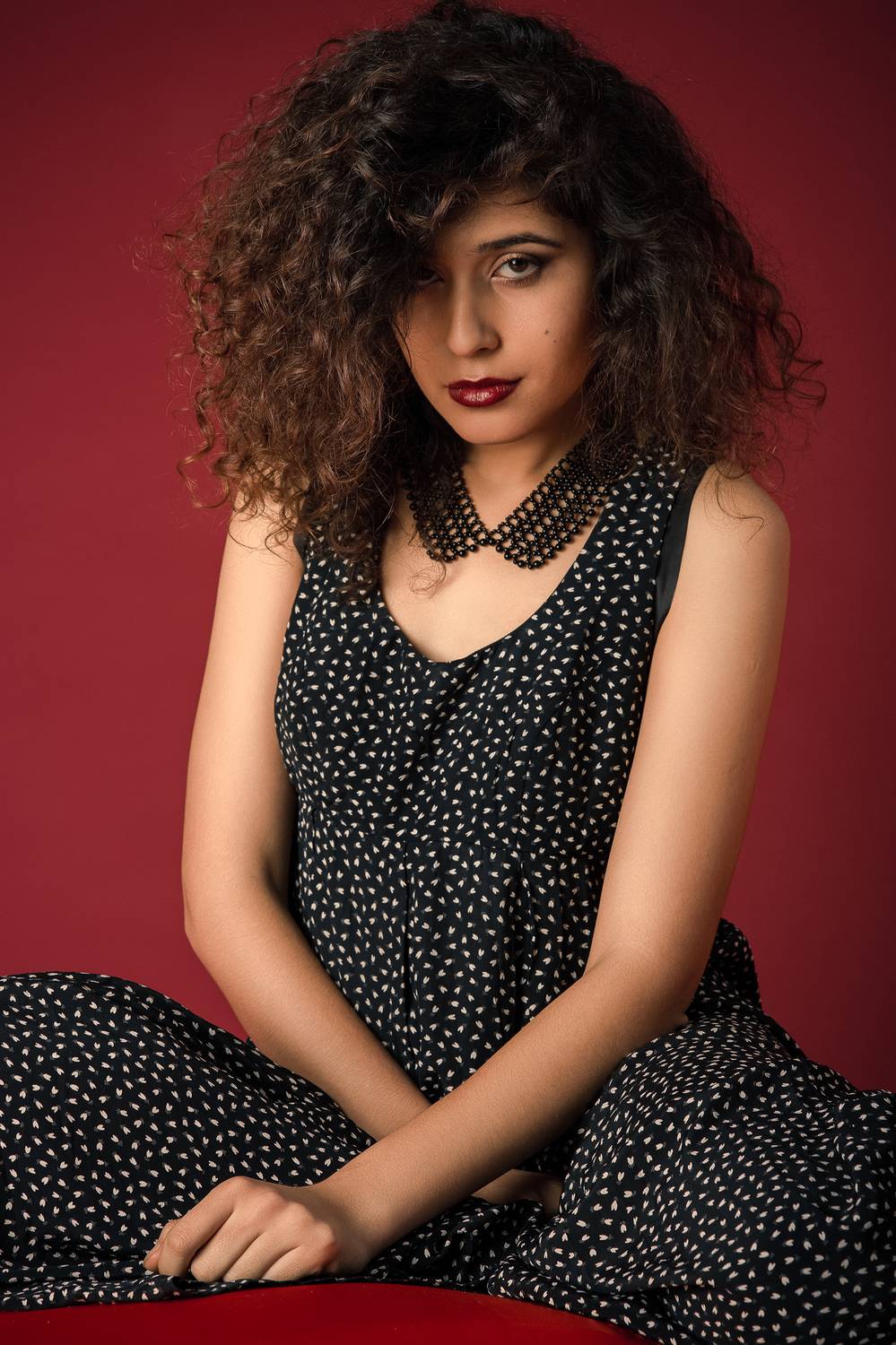 portrait, fashion, studio, woman, beauty, red, color, model, glamour, editorial, female, stylish, creative, expressive, fineart, contemporary, dramatic, curlyhair, eyes, darkhair, Erik Rozman