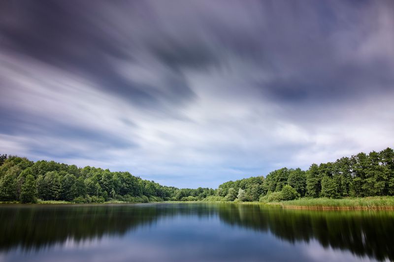 лес, деревья, небо, отражения На лесном пруду фото превью
