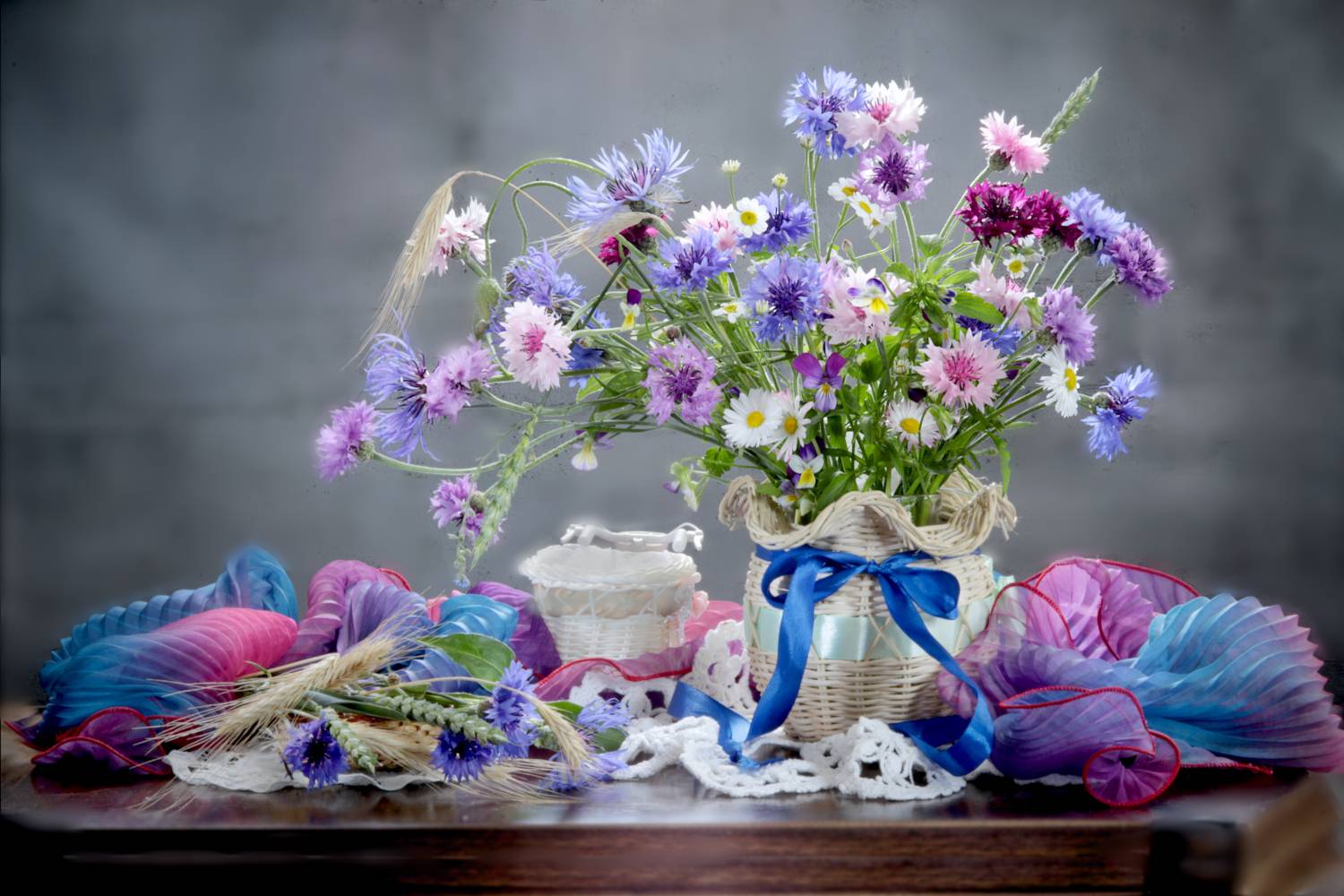 природа, цветы, васильки, ромашки, ваза, салфетка, Шруб (Беляева) Татьяна