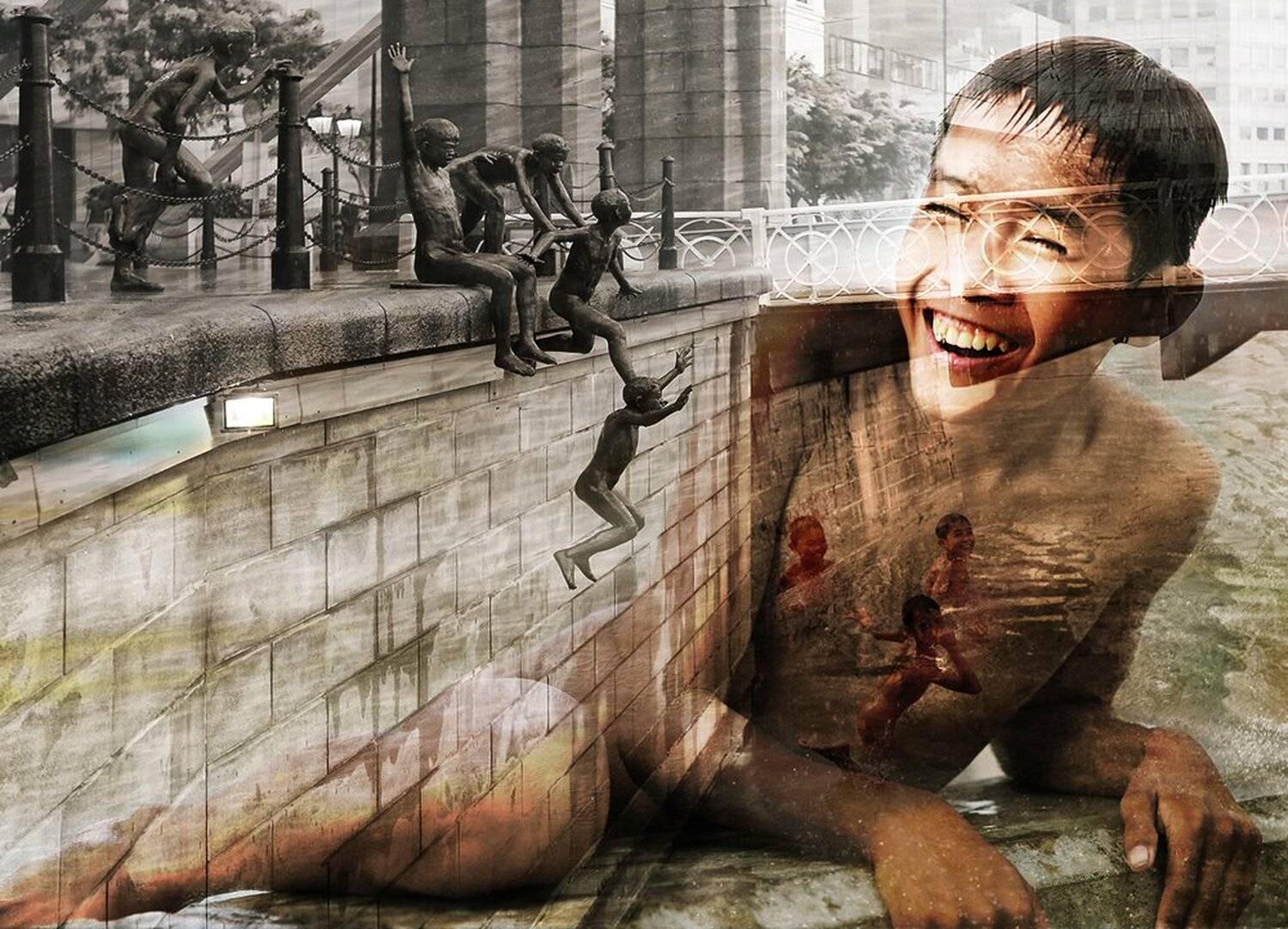 Голышом, Дети, Мальчики, Мост, Мультиэкспозиция, Набережная, Пацаны, Река, Сингапур, Скульптура, Улыбка, ALLA SOKOLOVA