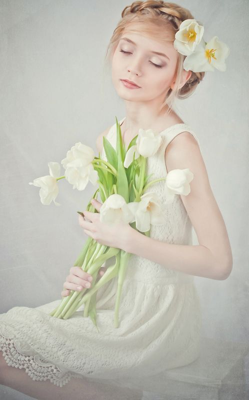 Белый, Девушка, Студия, Цветы White фото превью