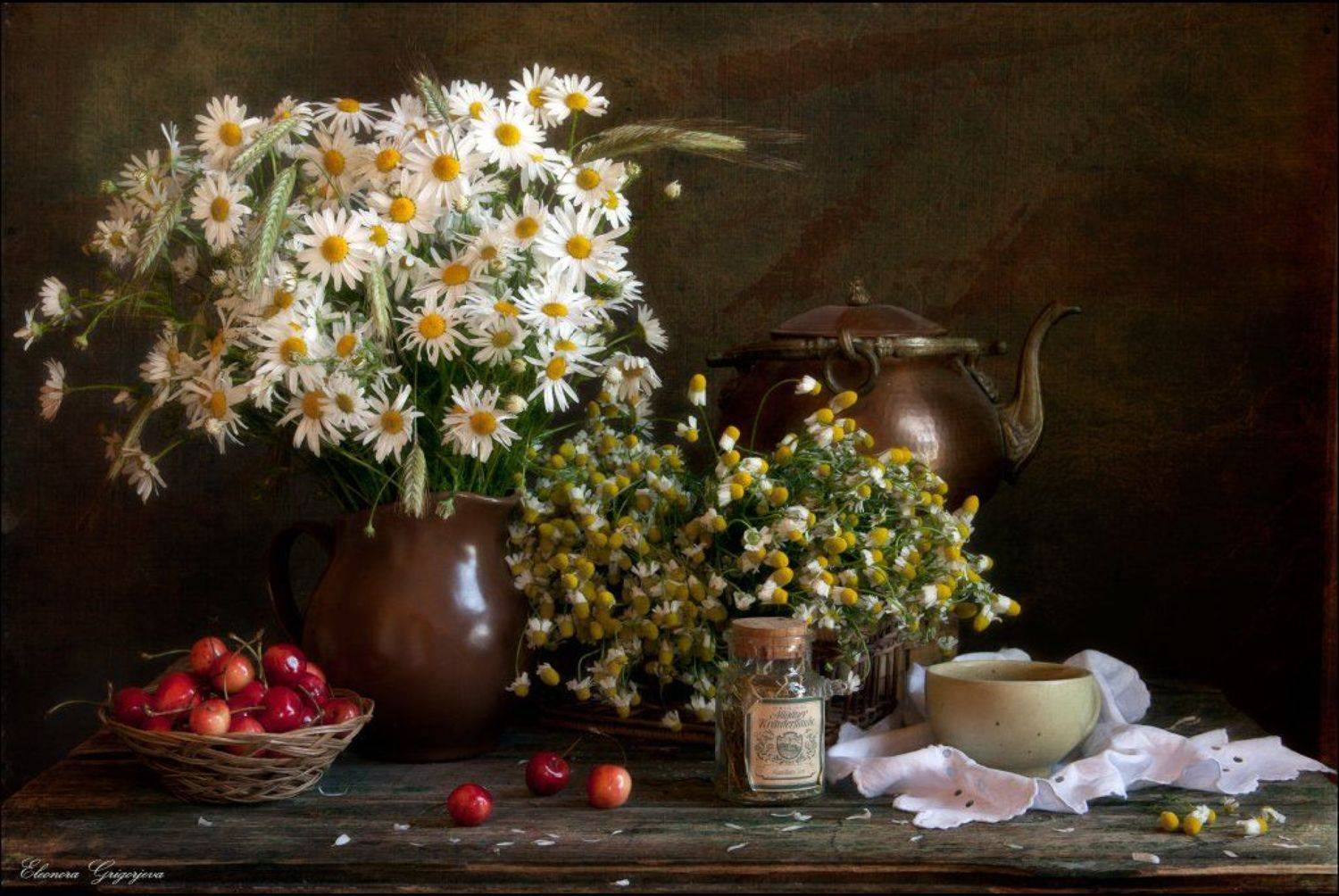 Букет, Лето, Натюрморт, Ромашка, Цветы, Чай, Черешня, Eleonora Grigorjeva
