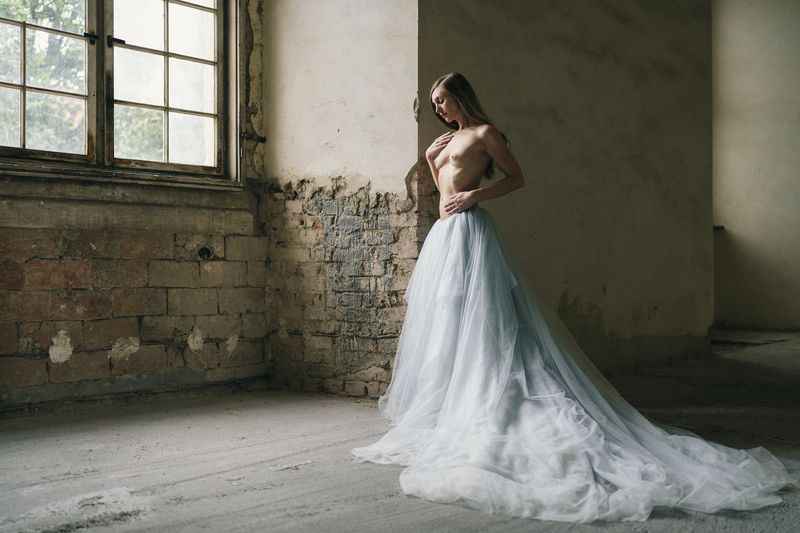 abandoned space, artistic nude, ball gown, classical elegance, delicate grace, dreaminess, elegant pose, indoors, minimalist aesthetic, natural beauty, neoclassical influence, one person, poetic sensuality, side view, standing, window, young woman A Study in Transience фото превью