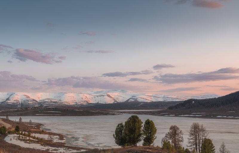 горы, озеро, лес, закат, снег Горный Алтай фото превью