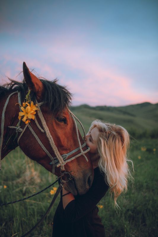 Лошадь, девушка, зелень, закат, цветок, алтай Горный Алтай фото превью