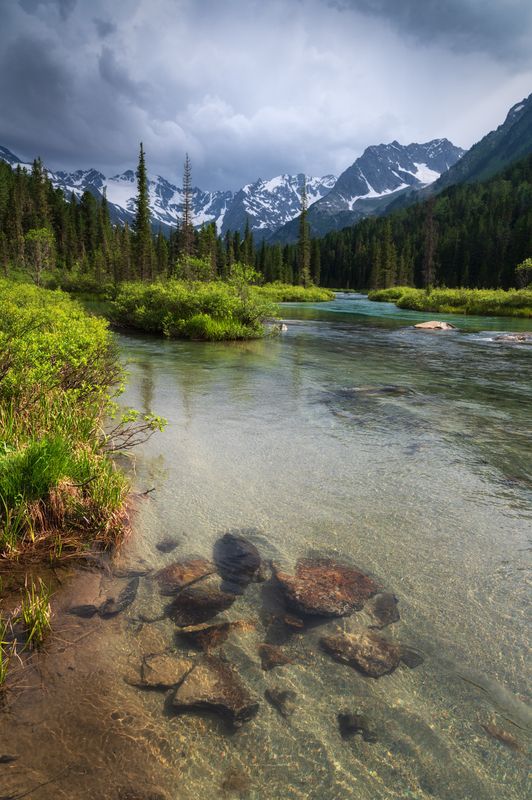 алтай, горный алтай, пейзажи алтая, усть-коксинский район, горная река, летний алтай, горы, катунский заповедник, мульта, горная тайга, грозовое небо Последнее солнце перед грозой фото превью
