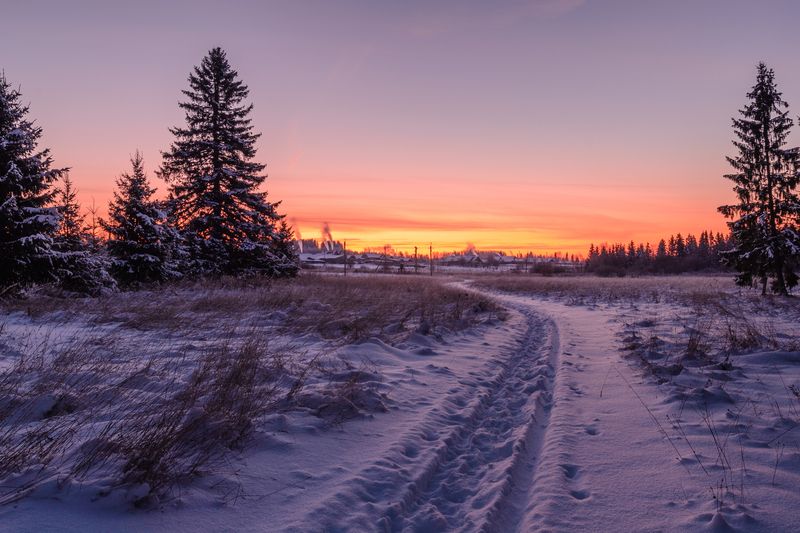 winter, sunrise, landscape, village frosty, зима, рассвет, пейзаж, деревня Дорога домой фото превью