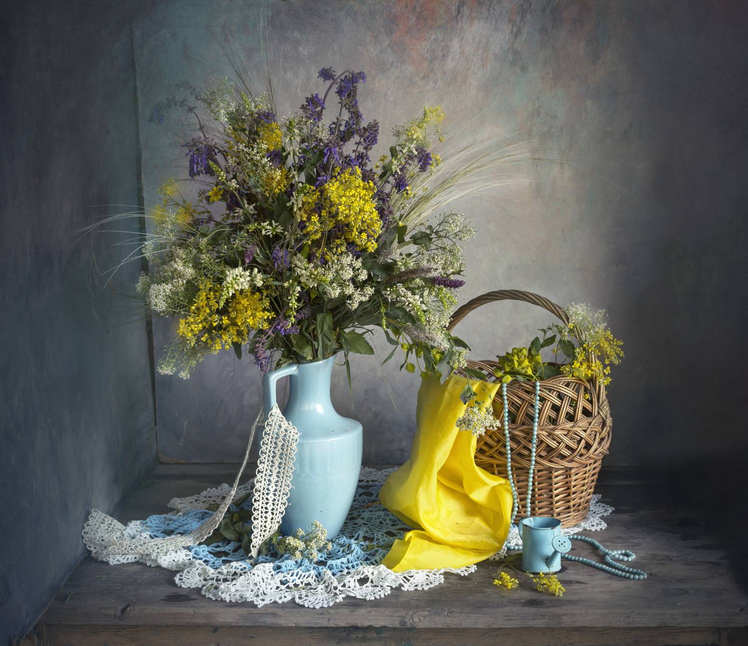 цветы, букет, полевые, голубой кувшин, корзина, Зимина Лионелла