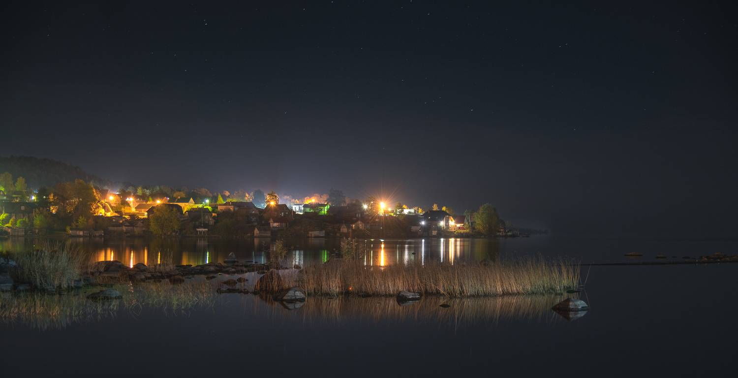 Карелия, деревня, озеро, трава, ночь, звезды, Denis Koshkin