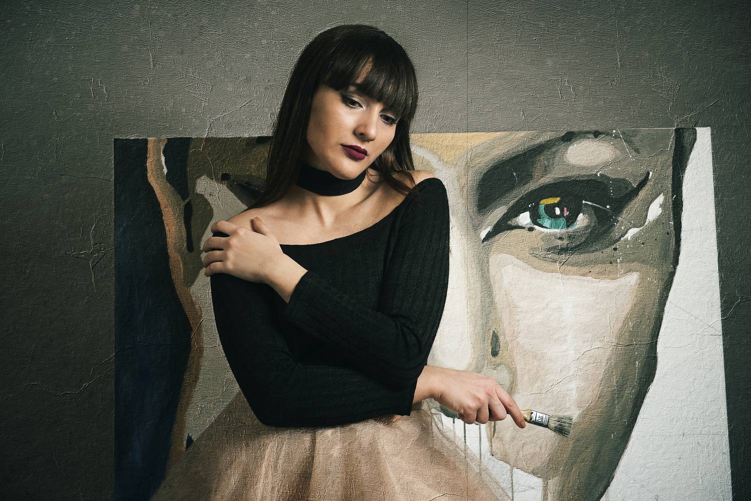 portrait, woman, painting, duality, self-expression, brush, art, conceptual, surreal, dark background, creative photography, Bogdan Negoita