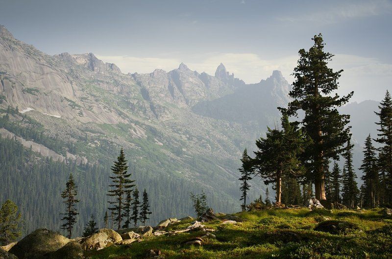 большой, вечер, высокий, голубой, горы, деревья, дымка, ергаки, зеленый, камни, красивый, красноярский край, пейзаж, природа, размер, разрешение, саяны, сибирь, скалы, тайга Ергаки фото превью