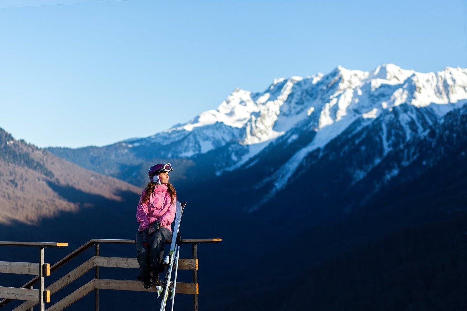 горы, девушка, зима, Роза Хутор, закат, Дмитрий Лопатин