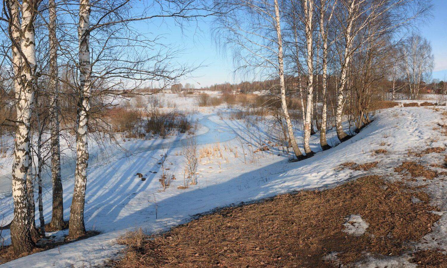 Берёзы, Весна, Вечер, Проталины, Река, Снег, Тени, Виктор Климкин