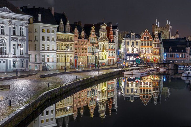 Гент, Коренлей, Лейе, река, набережная, Бельгия, Фландрия Отражения. Набережная Коренлей фото превью