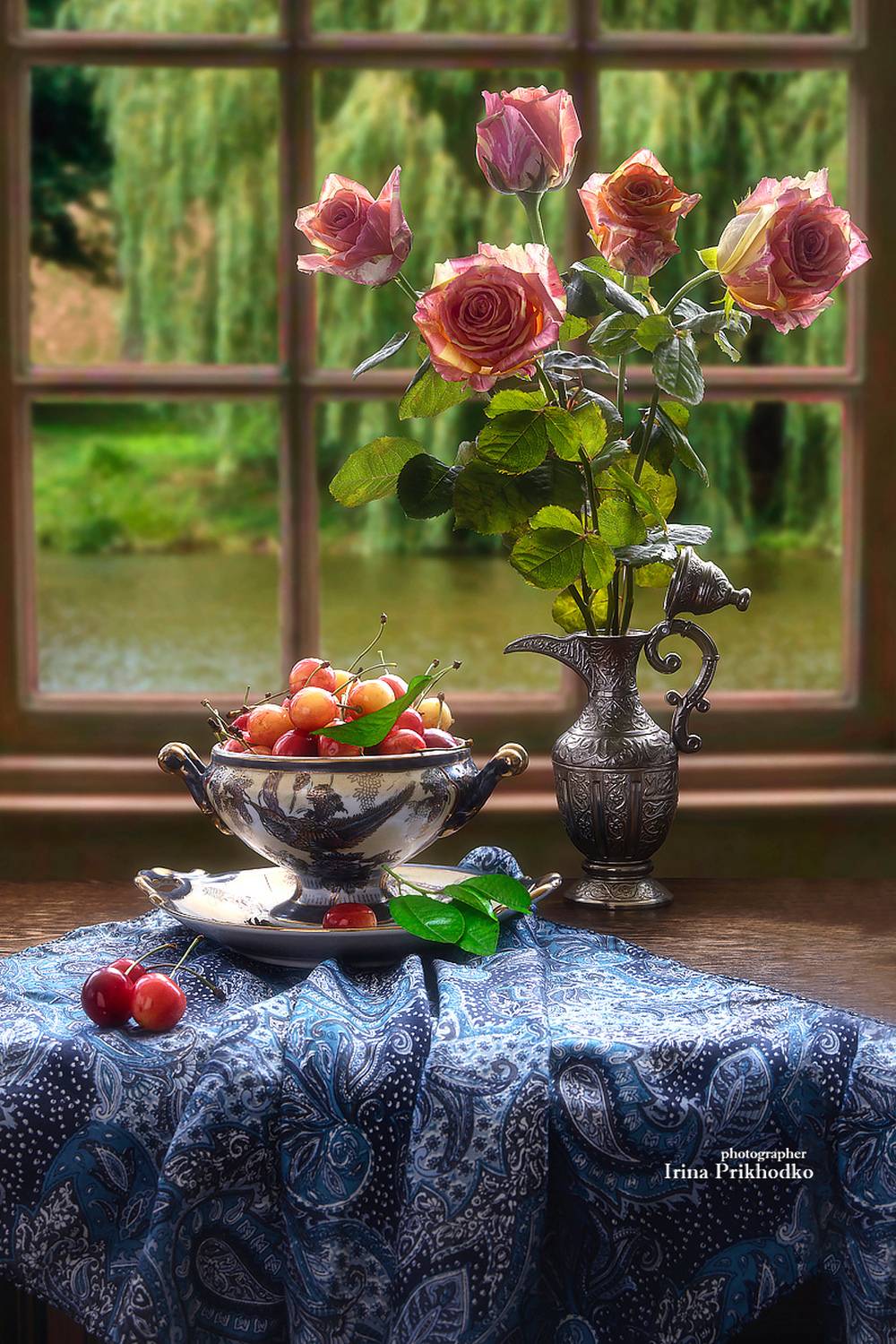 натюрморт, цветы, букеты, фрукты, черешня, розы, Приходько Ирина