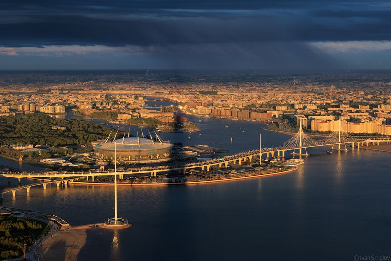 петербург, санкт-петербург, спб, архитектура, лахта, лахтацентр, лахта-центр Панорама вечернего города со смотровой площадки Лахта-центра фото превью