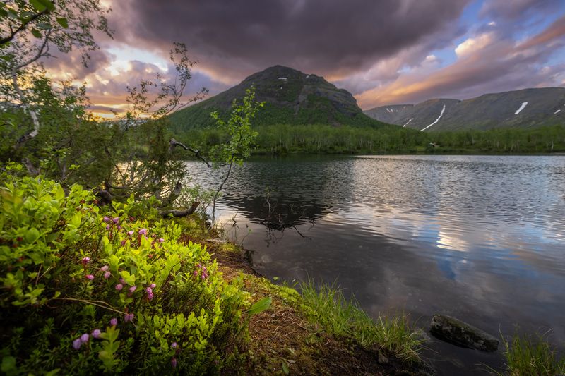 горы, озеро, закат  фото превью