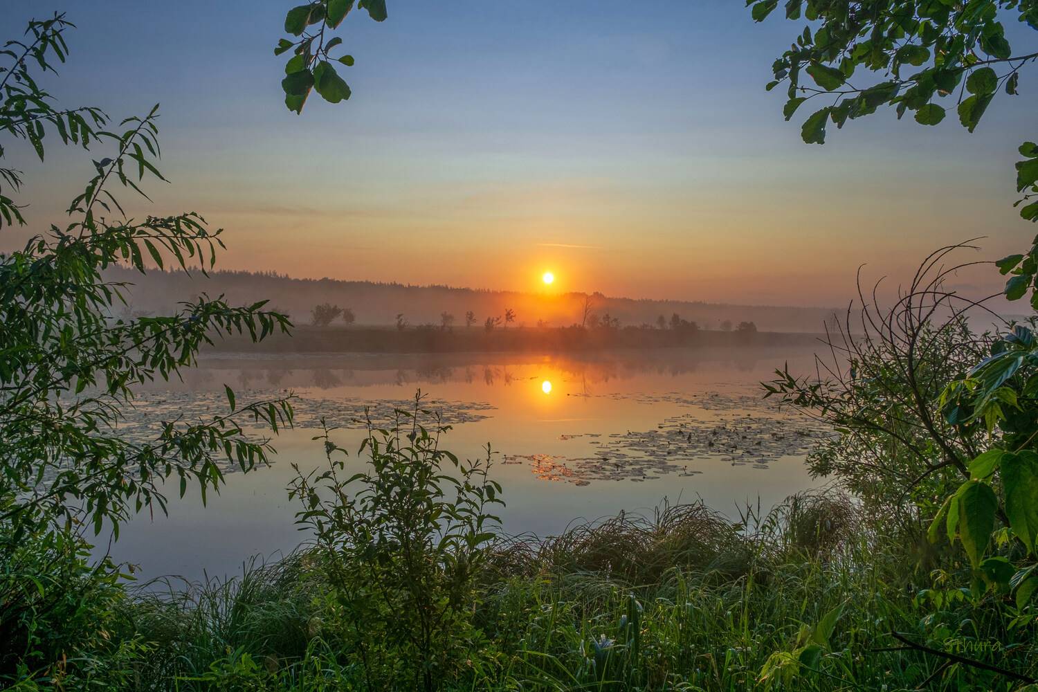 лето озеро рассвет туман природа пейзаж, Александр Строков