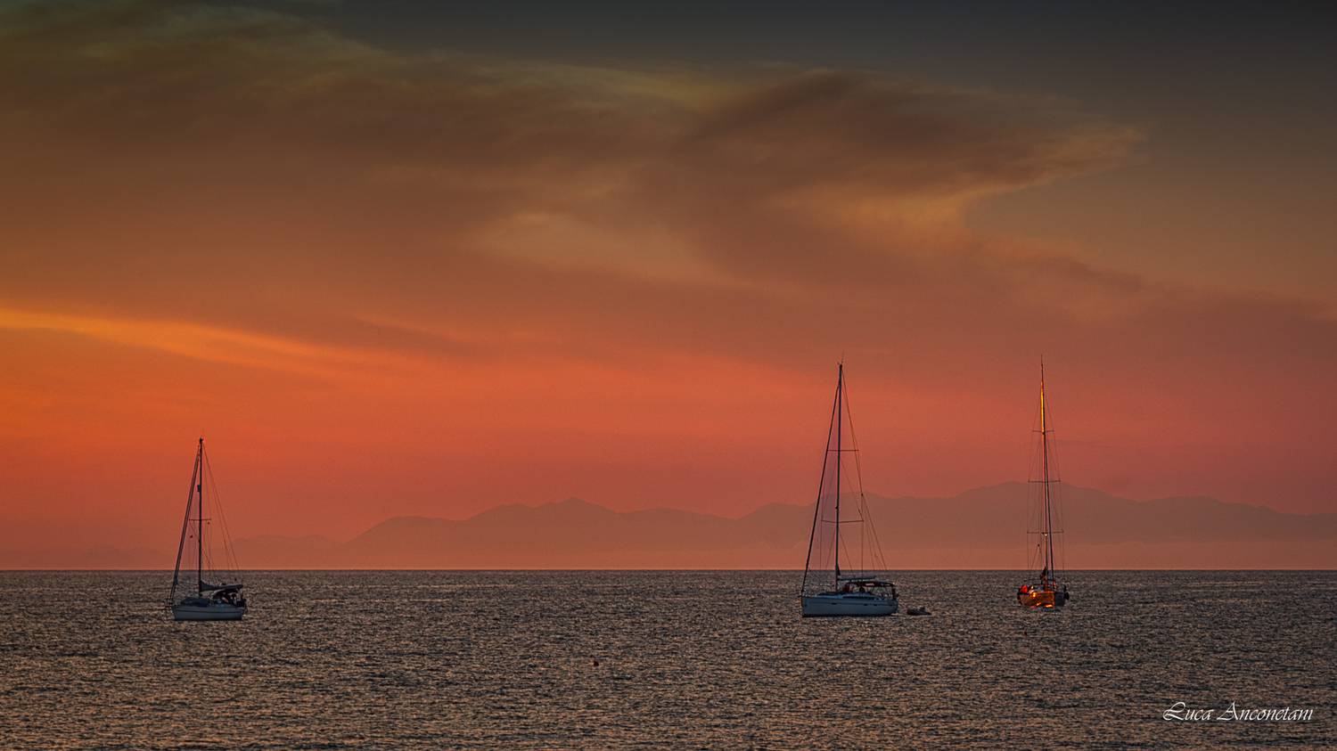landscape sunset colors procida italy sea boats, Anconetani Luca