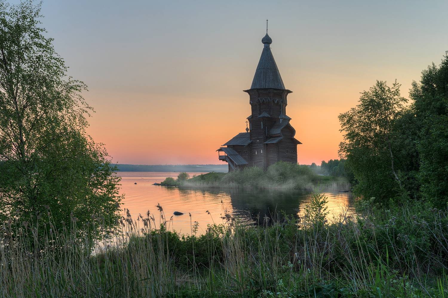 лето, вечер, озеро, церковь, Гармашов Сергей