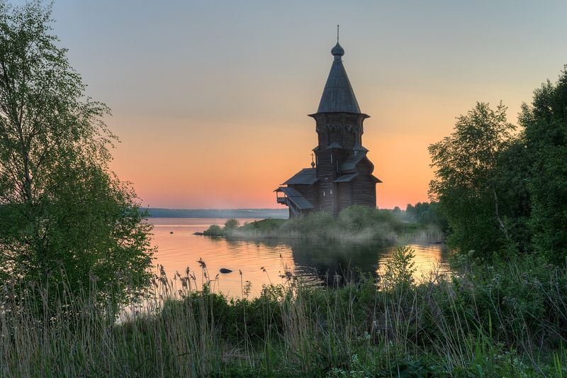 лето, вечер, озеро, церковь  фото превью