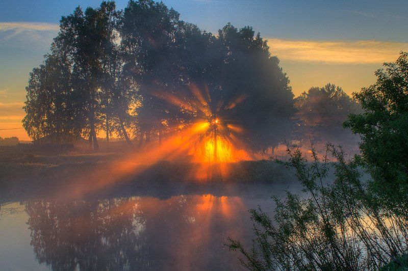 лес, лето, небо, отражение, пейзаж, природа, солнце, туман Пробуждение фото превью