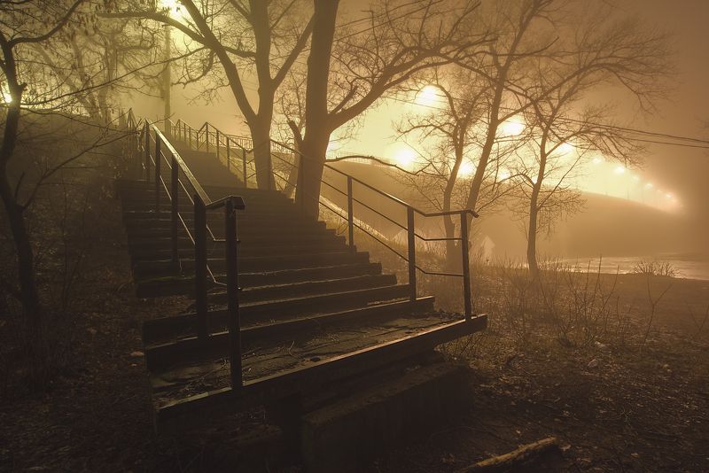 пейзаж,мост,ночь,туман Туманная ночь фото превью