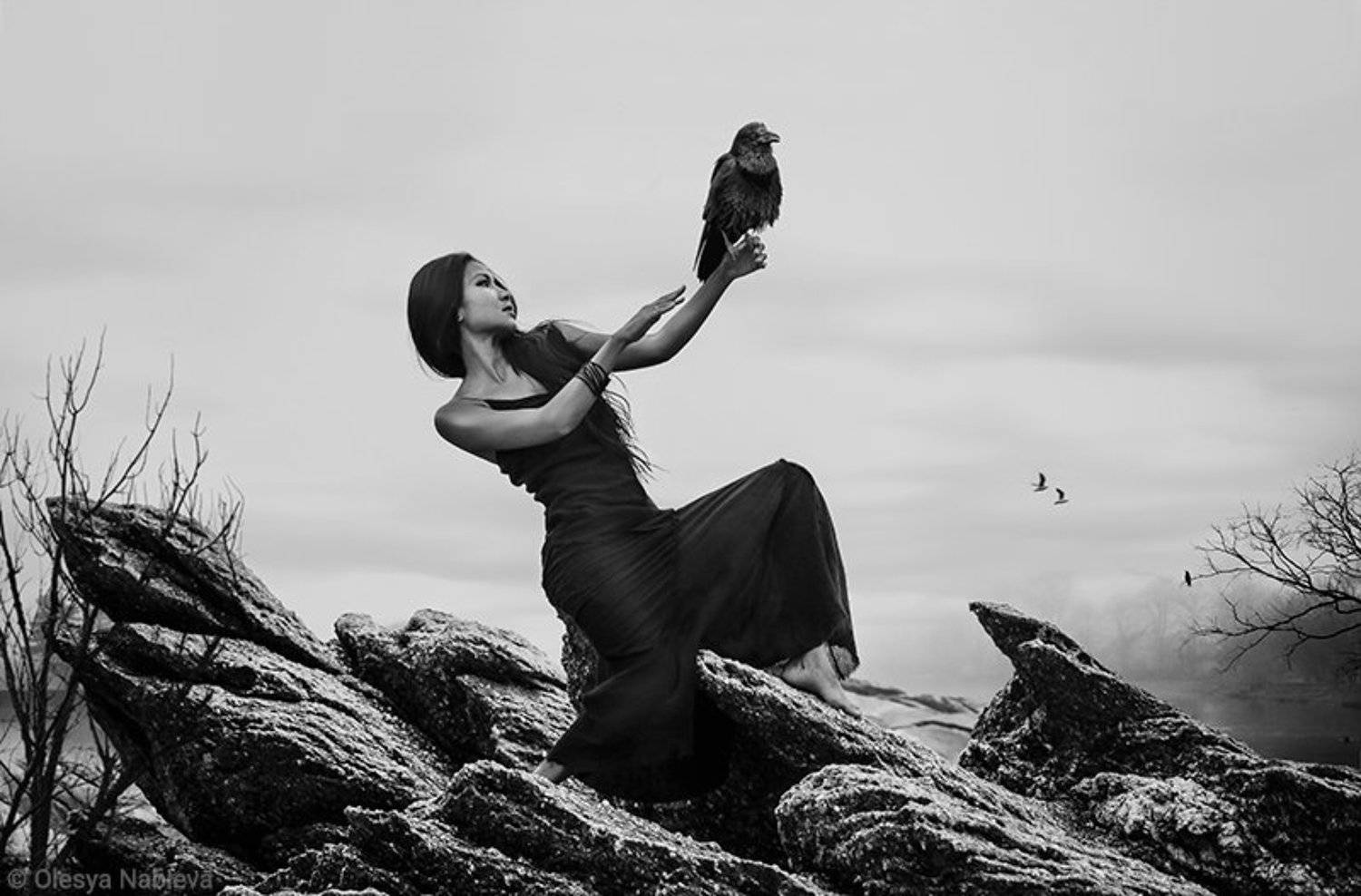 girl, beauty, rocks, beautiful, black and white, woman, elegant, female, alone, art, black, dark, surreal, fairy, magic, young, witch, crow, dress, dream, imagination, outdoors, fantasy, mystical, enchantress, magical, wise, ghostly, Mystic, lamia, Олеся Набиева