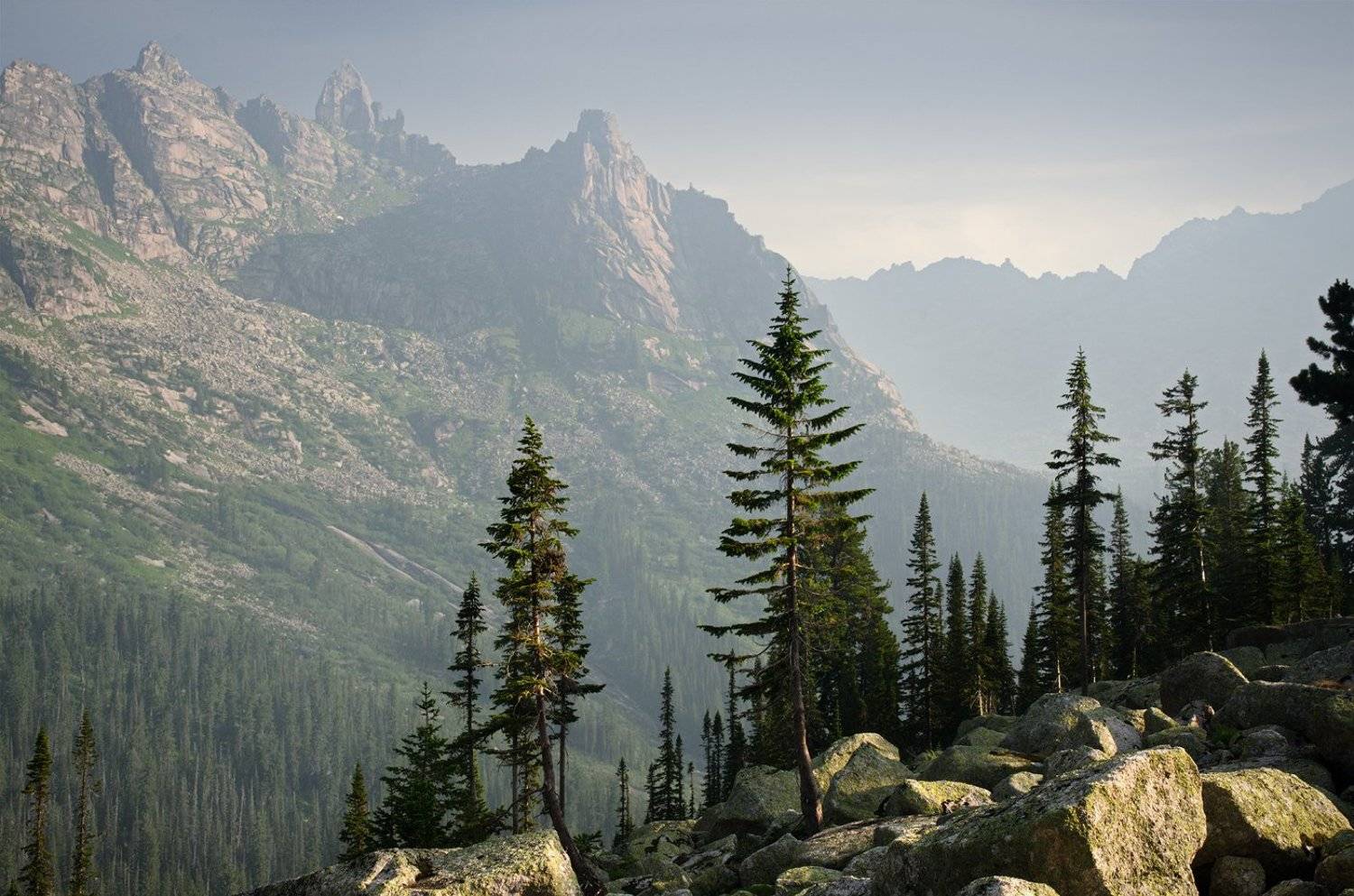 большой, вечер, высокий, голубой, горы, деревья, дымка, ергаки, зеленый, камни, красивый, красноярский край, пейзаж, природа, размер, разрешение, саяны, сибирь, скалы, тайга, Дмитрий Антипов