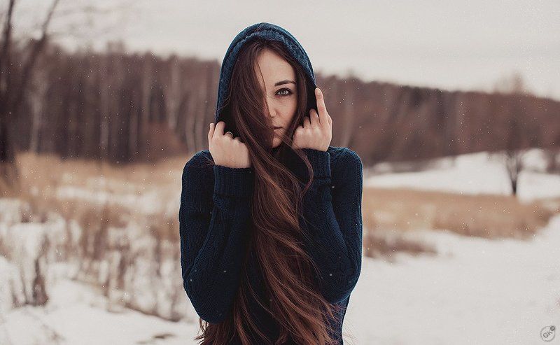 холод, февраль, снег, зима, длинные волосы, девушка, природа Холод фото превью