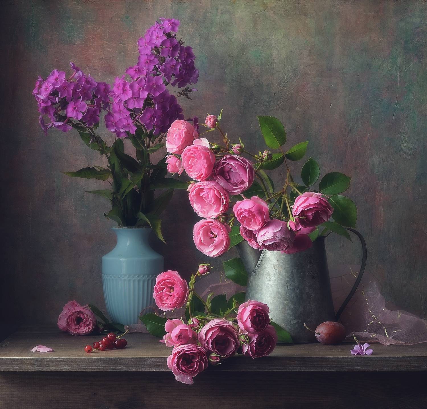 натюрморт,цветы,лето,июль,розы,флокс,сливы, Наталия К