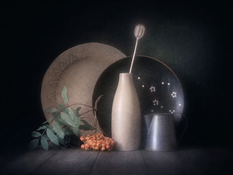 натюрморт, рябина, тюльпан С прошлогодним тюльпаном. фото превью