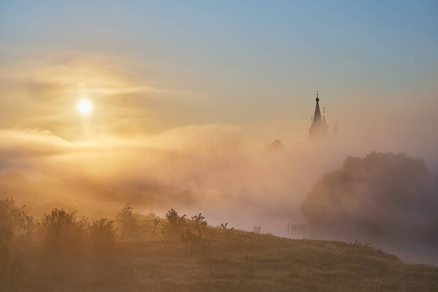 дунилово,рассвет,лето,туман,храмы,церковь,берег,река,июнь,пейзаж, Горшков Игорь