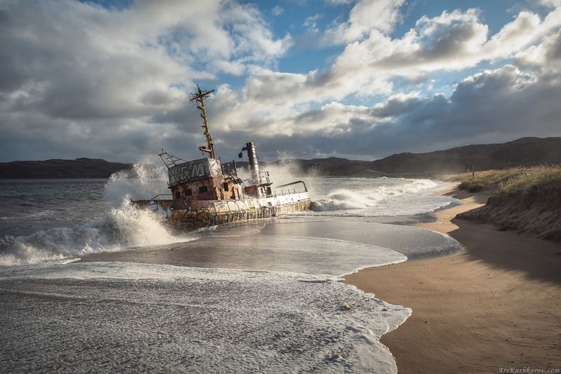 териберка, кораблик, пляж, шторм, мурмаснкая область, баренцево море, арктика, \