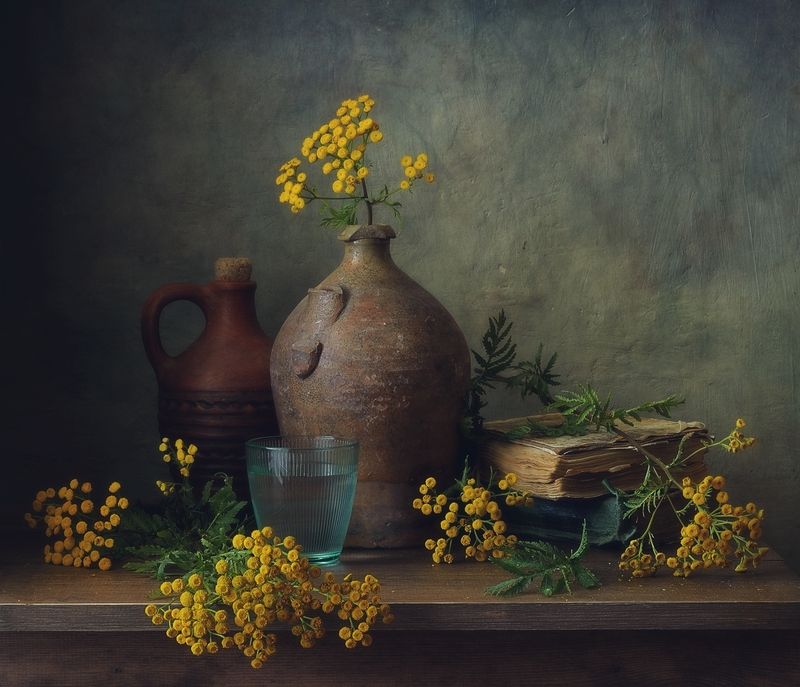 натюрморт,пижма,цветы,керамика,лето,книги с пижмой... фото превью