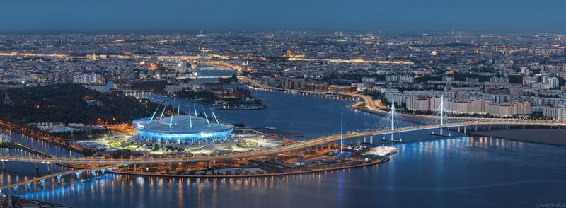 петербург, санкт-петербург, спб, архитектура, лахта, лахтацентр, лахта-центр Панорама вечернего Санкт-Петербурга со смотровой площадки Лахта-центра фото превью