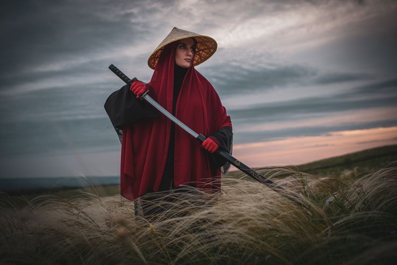 самурай, катана, япония, ковыль, меч, степь, воин, оружие, степь, закат, небо, женщина ONNA-BUGEISHA фото превью