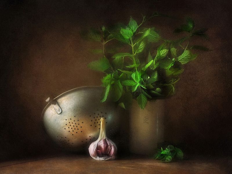 натюрморт, чеснок, мята, лето Чесночно-мятный фото превью