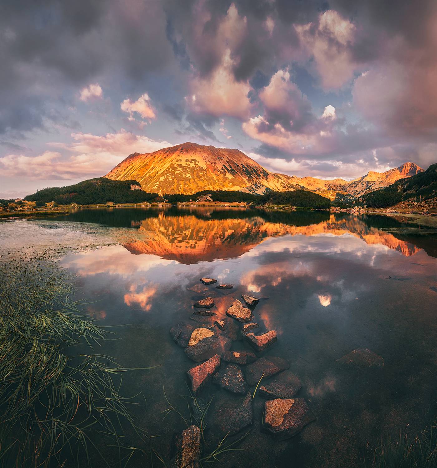 landscape, nature, scenery, summer, sunset, lake, reflection, clouds, mountain, peak, пейзаж, закат, горы, озеро, Александър Александров