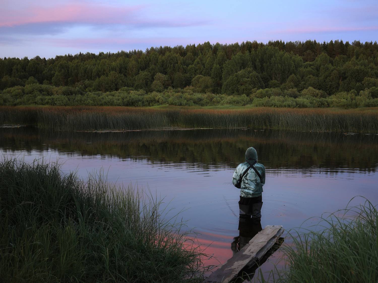 вечер, природа, закат, река, лес, рыбак, Александр Титов