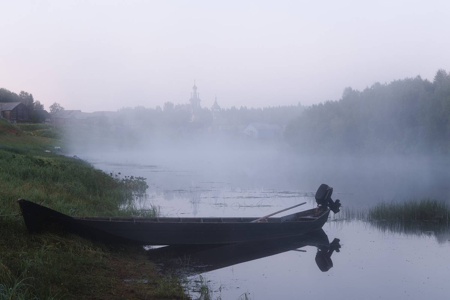 утро, кимжа, рассвет, белая ночь, река, лодка.  церковь, отражение, Морозов Сергей